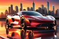Urban Velocity: Sports Car in Dynamic Motion, Glossy Paint Reflecting a Sunset City Skyline in the Background, Sleek Elegance