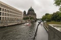Urban view of historic Berlin Cathedral Berliner Dom at famous Museumsinsel Museum Island with excursion boat on Spree river