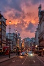 Urban view of London city near Piccadilly Circus with night traffic. Rush hour in London city against a cloudy sky at night Royalty Free Stock Photo