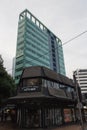 Urban view, shop building and skyscraper in Wellington streets, New Zealand