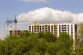 Urban view of silhouettes of two high industrial tower cranes above green tree tops working at construction of new brick building Royalty Free Stock Photo