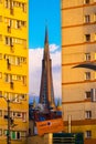 urban view of tower spire cathedral of St James Apostle. Szczecin, Poland