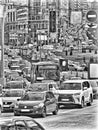 Wide city street with trafic jam and lot of cars, trucks and buses