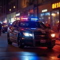 Urban vigilance Police car lights illuminate the city streets at night