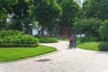 Urban walking road among green tree in modern apartment buildings in big city