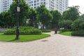 Urban walking road among green tree in modern apartment buildings in big city Royalty Free Stock Photo