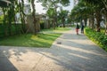 Urban walking road among green trees inside modern apartment building area in big city