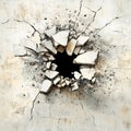 Urban wall damaged with a sizeable hole and debris scattered Royalty Free Stock Photo