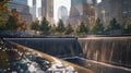 Urban waterfall surrounded by tall buildings, ideal for architecture and urban development concepts Royalty Free Stock Photo