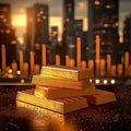 Urban wealth golden bars on table with cityscape backdrop