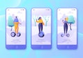 Urban weekend mobile app page, screen set. Flat design characters of men and women with hover boards.