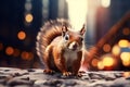 Urban wild squirrel amidst the big citys energy, blurred surroundings