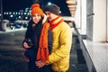 Urban winter evening, portrait of couple outdoors