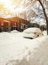 Urban winter street in sunset