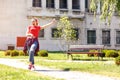 Urban beautiful woman girl listening music headphones outdoor Royalty Free Stock Photo