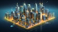 Urbanization of Digital Finance - Isometric Cityscape Constructed from Crypto Icons