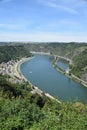 Urbar, Germany - 07 22 2020: blue Rhine, Sankt Goar camping and Sankt Goashausen