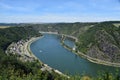 Urbar, Germany - 07 22 2020: Lorelei passage and rock, with camping site on hte other site