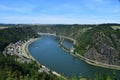 Urbar, Germany - 07 22 2020: panoramic view from Maria Ruh to Sankt Goar camping, Sankt Goarshausen and the whole Loreley rock Royalty Free Stock Photo