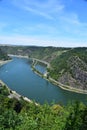 Urbar, Germany - 07 22 2020: view from Maria Ruh to Sankt Goarshausen and the whole Loreley rock Royalty Free Stock Photo