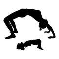 Urdhva dhanurasana pose, yoga exercise. Vector silhouette woman and child isolated white. Mom and son doing yoga. Girl and boy