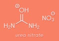 Urea nitrate high explosive molecule. Prepared by reacting urea with nitric acid and commonly used in improvised explosive devices
