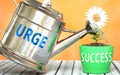 Urge helps achieving success - pictured as word Urge on a watering can to symbolize that Urge makes success grow and it is