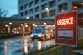 Urgence sign in front of a hospital with an ambulance in background - AI Generated Royalty Free Stock Photo