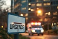 Urgence sign in front of a hospital with an ambulance in background - AI Generated Royalty Free Stock Photo
