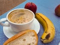 Urgent breakfast, coffee, fruit, bread