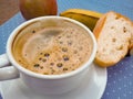 Urgent breakfast, coffee, fruit, bread