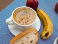 Urgent breakfast, coffee, fruit, bread