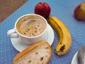 Urgent breakfast, coffee, fruit, bread