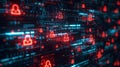 Urgent data breach alert high tech virtual screen with warning icons and glowing code fragments