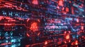 Urgent data breach alert high tech virtual screen with warning symbols and glowing code fragments