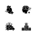 Urgent health care black glyph icons set on white space