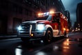 Urgent Night Dispatch Medical Emergency Ambulance Racing Through City Streets with Flashing Red Lights. created with Generative AI