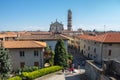 Urgnano, Bergamo, Italy. View of the village, the church and the bell tower from the medieval castle