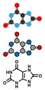 Uric acid molecule. High blood levels lead to gout disease. Stylized 2D renderings and conventional skeletal formula.