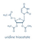 Uridine triacetate drug molecule. Used as antidote to treat chemotherapy overdoses. Skeletal formula.