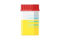 Urinalysis medical examination in plastic jar. Urine lab test analysis container flat vector illustration