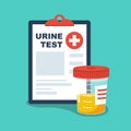 Urine analysis. Urine test icon. Pee sample in a plastic box and medical clipboard. Royalty Free Stock Photo