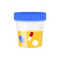 Urine sample with floating pills. Positive drug test result. Doping control in sport, post accident testing concept