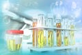 Test tubes in modern bio research office - urine quality test for glucose or leucine, medical 3D illustration Royalty Free Stock Photo