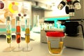 Urine sample test for crystals or infection - lab test-tubes in pharmaceutical clinic, medical 3D illustration