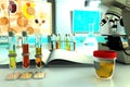 Urine sample test for crystals or urinary tract infection - laboratory proofs in chemistry office, medical 3D illustration