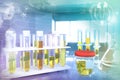 Urine sample test for ketones or kidney disease - proofs in modern chemical study office, medical 3D illustration