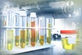 Urine sample test for nitrite or hypertension - test tubes in modern bio study office, medical 3D illustration Royalty Free Stock Photo