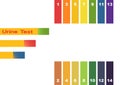 Urine Test . Hand holding test tube with pH indicator comparing color to scale and litmus strips for measurement of acidity.