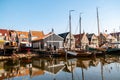 Urk Flevoland Netherlands April 2020, harbor with lighthouse on a bright summer in the Netherlands at the historical